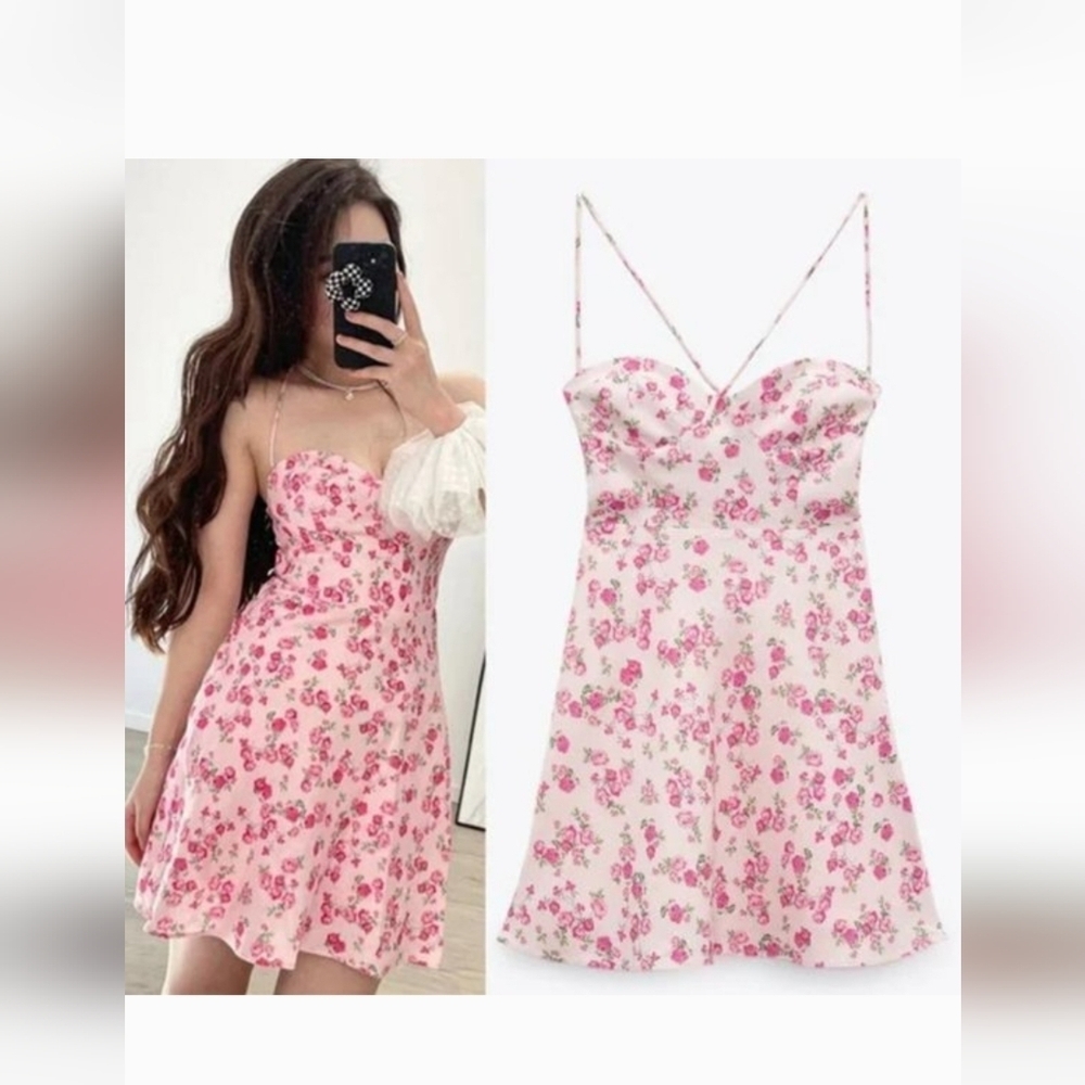 ZARA NEW WOMAN SHORT STRAPPY FLORAL LINEN BLEND DRESS PINKS 3525/463 Large